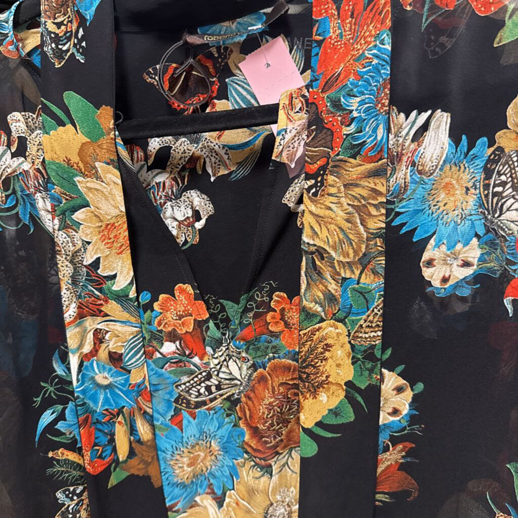 Black Silk Floral Print Sheer Tunic