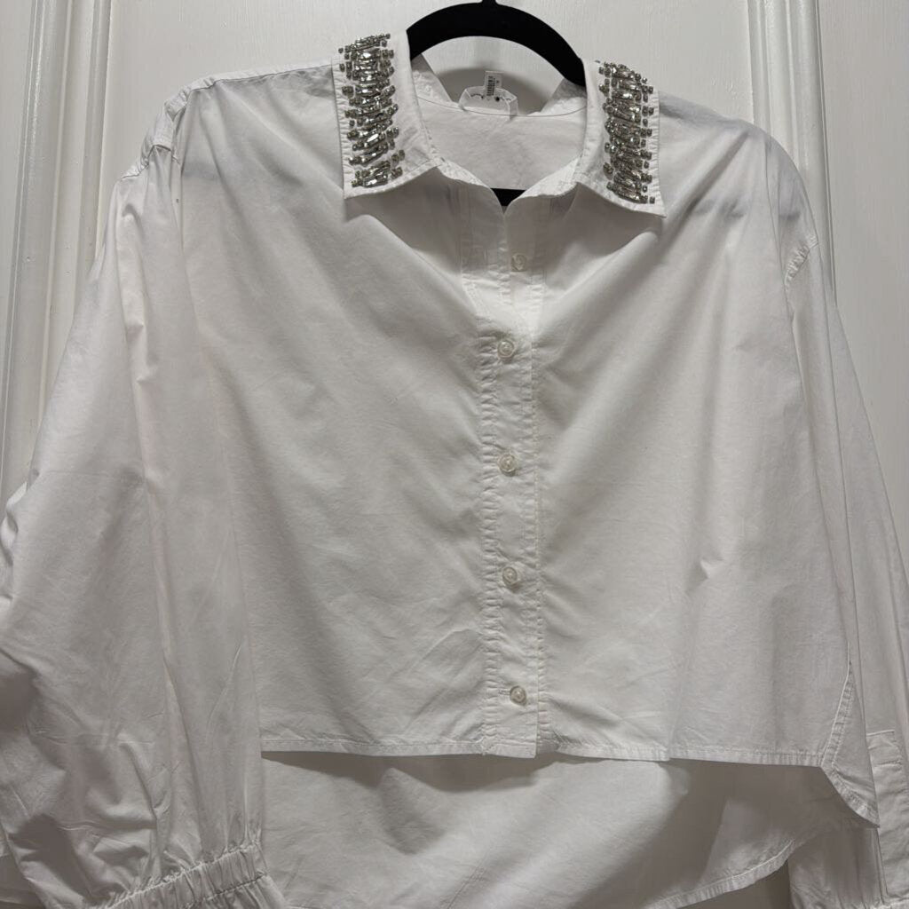 White Cotton Crop Crystal Embellished Button Up Top