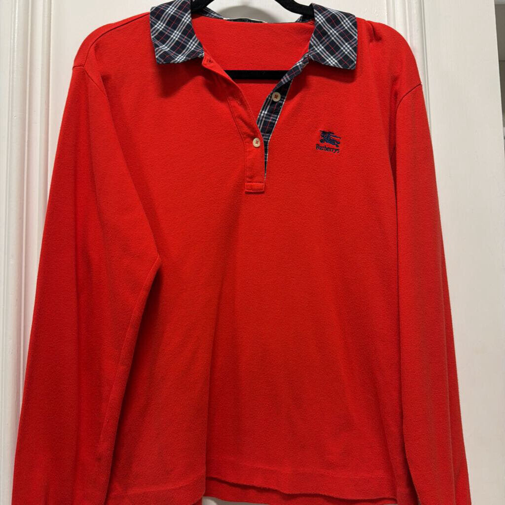 Red Cotton Long Sleeve Polo Shirt, M