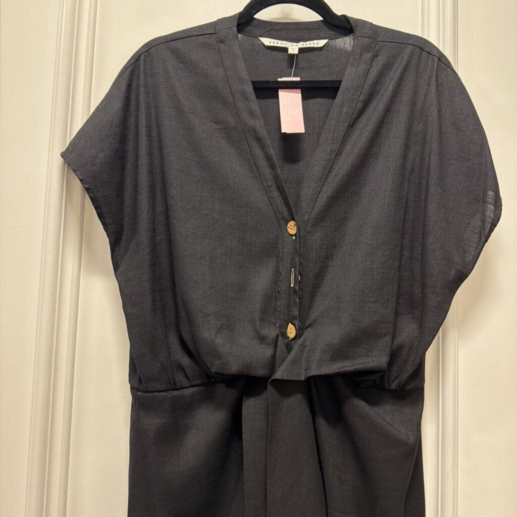 Black Linen Blend Tie Front Dress