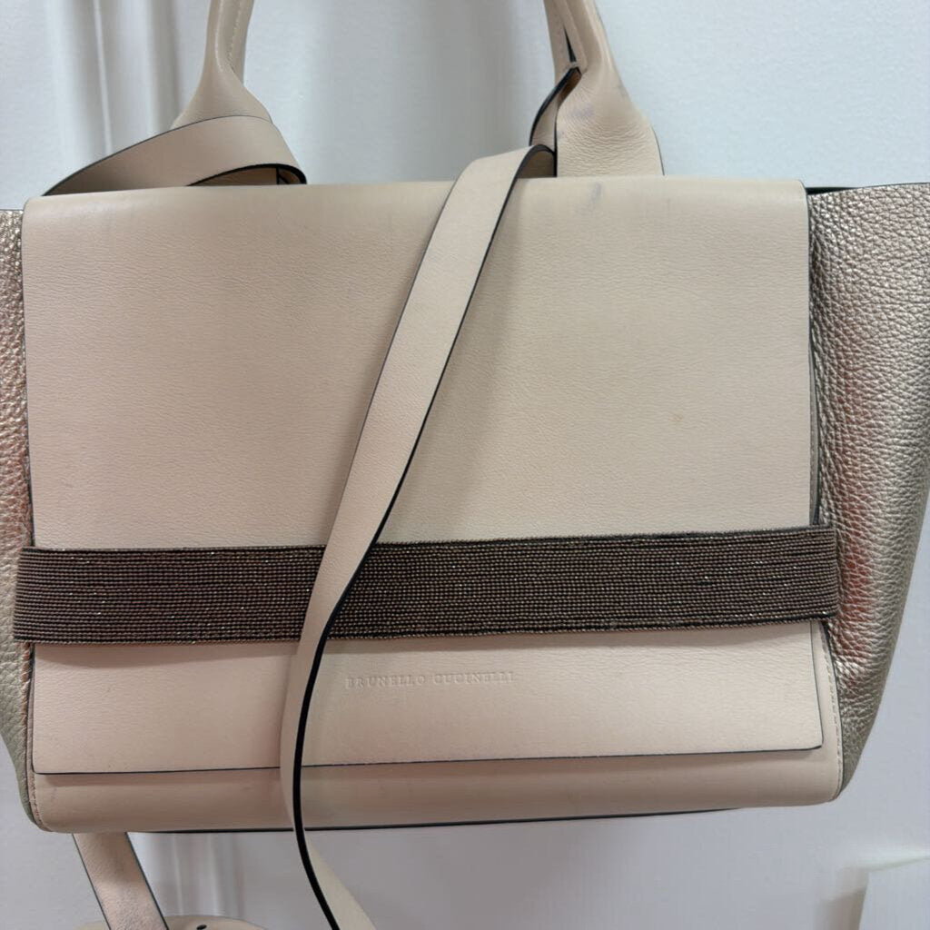 Beige Gold Leather Beaded Handbag
