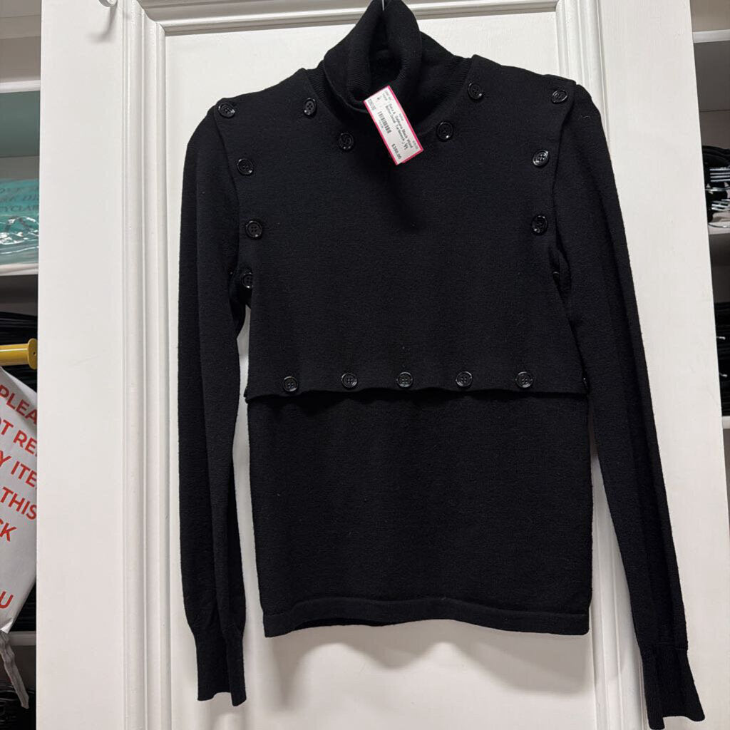 Black Wool Button Detail Turtleneck Sweater, 44
