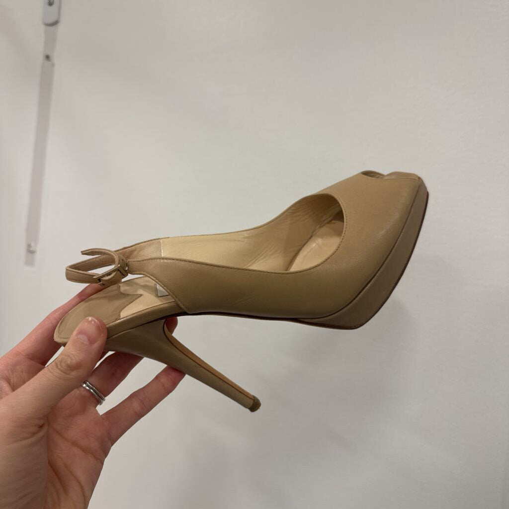 Jimmy Choo Beige Leather Peep-Toe Slingback Pumps