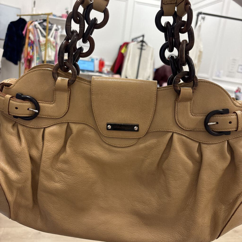 Tan Leather Wood Chain Link Shoulder