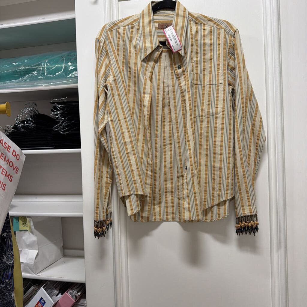 1990s Beige/Blue Stripe Fringe-Cuff Shirt