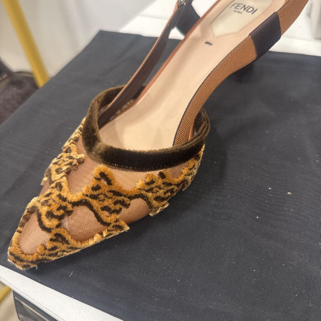 Brown Mesh Velvet Slingback Heels