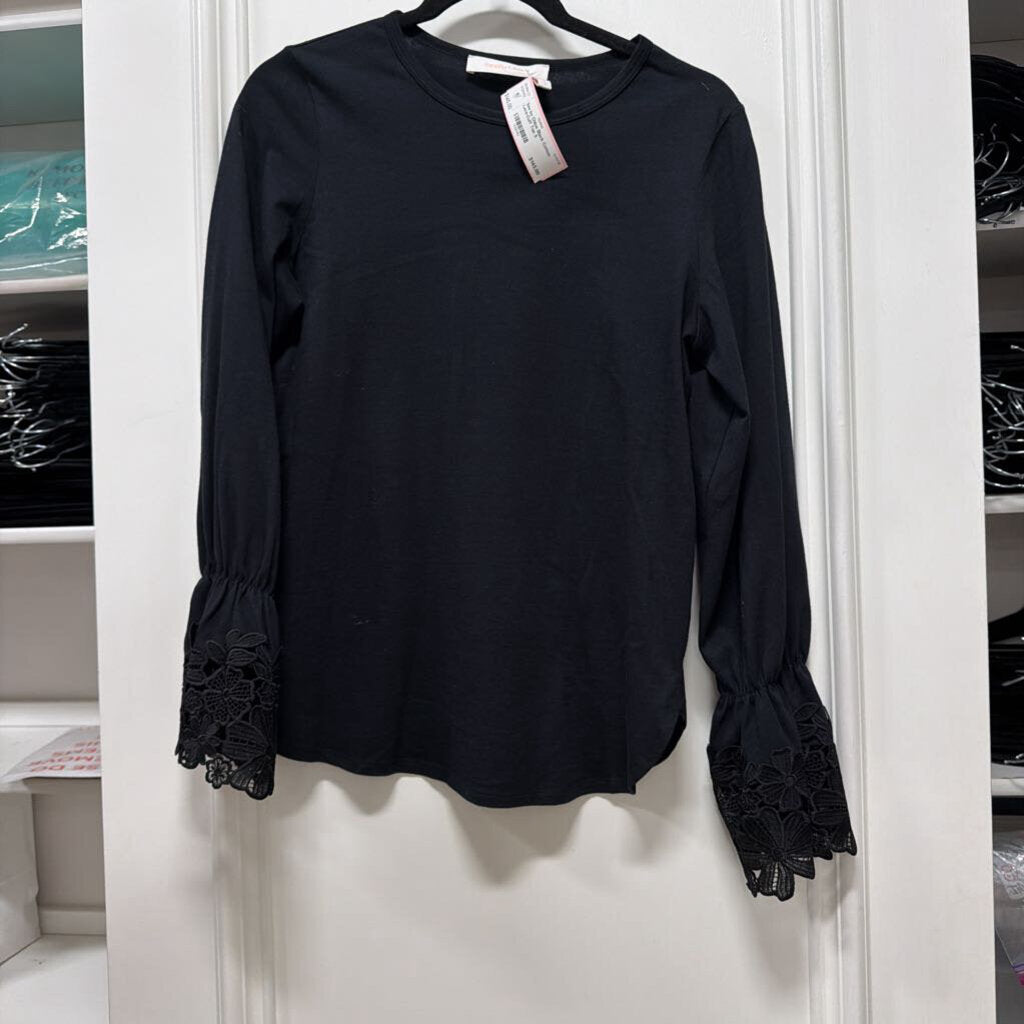Black Cotton Lace-Cuff Top