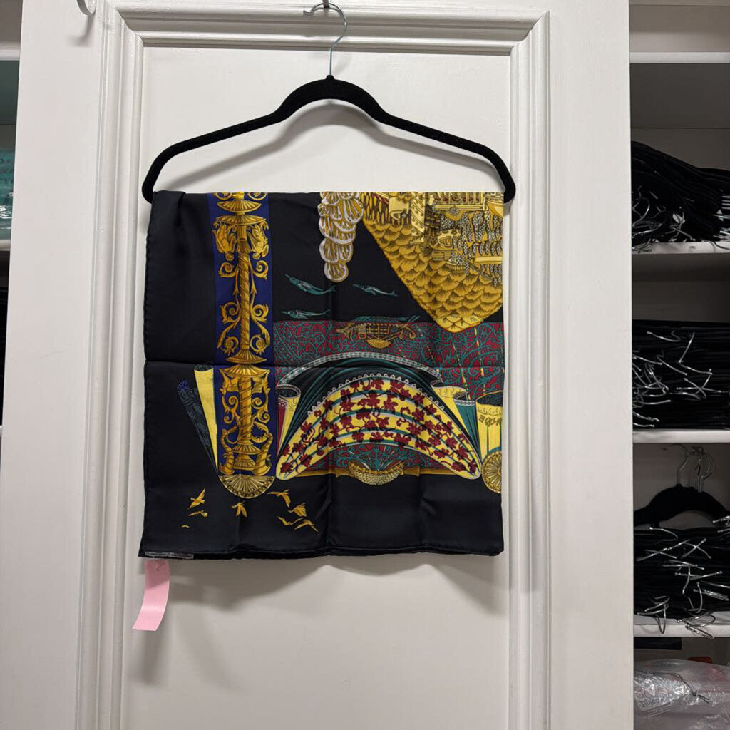 Black/Gold "L'Atlantide" Silk Scarf, 90