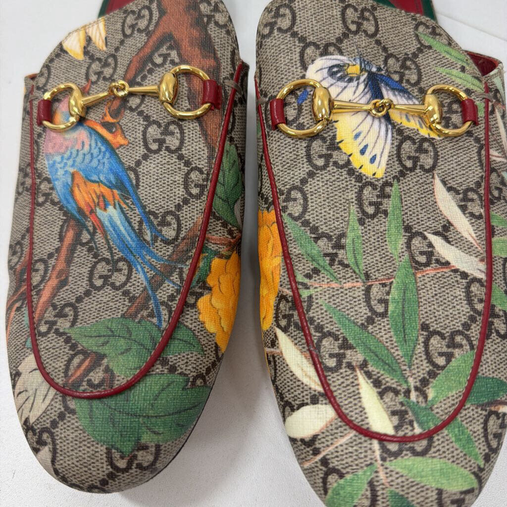 Brown Canvas Leather Printed Mules, 40