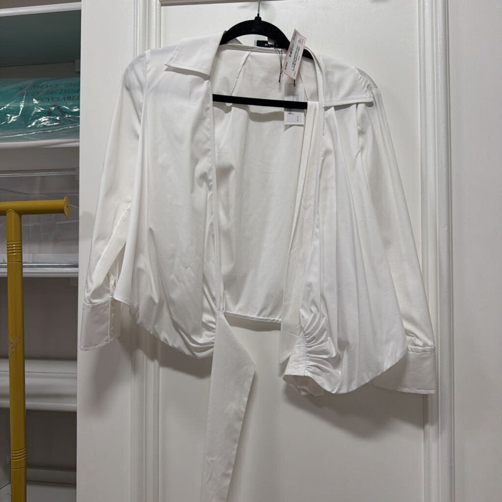 White Cotton/Poly Blend Tie Front Blouse(NWT395)