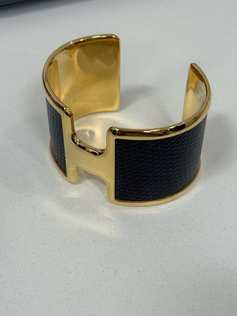 Gold Tone Black Epsom Leather Wide Olympe Cuff Bracelet