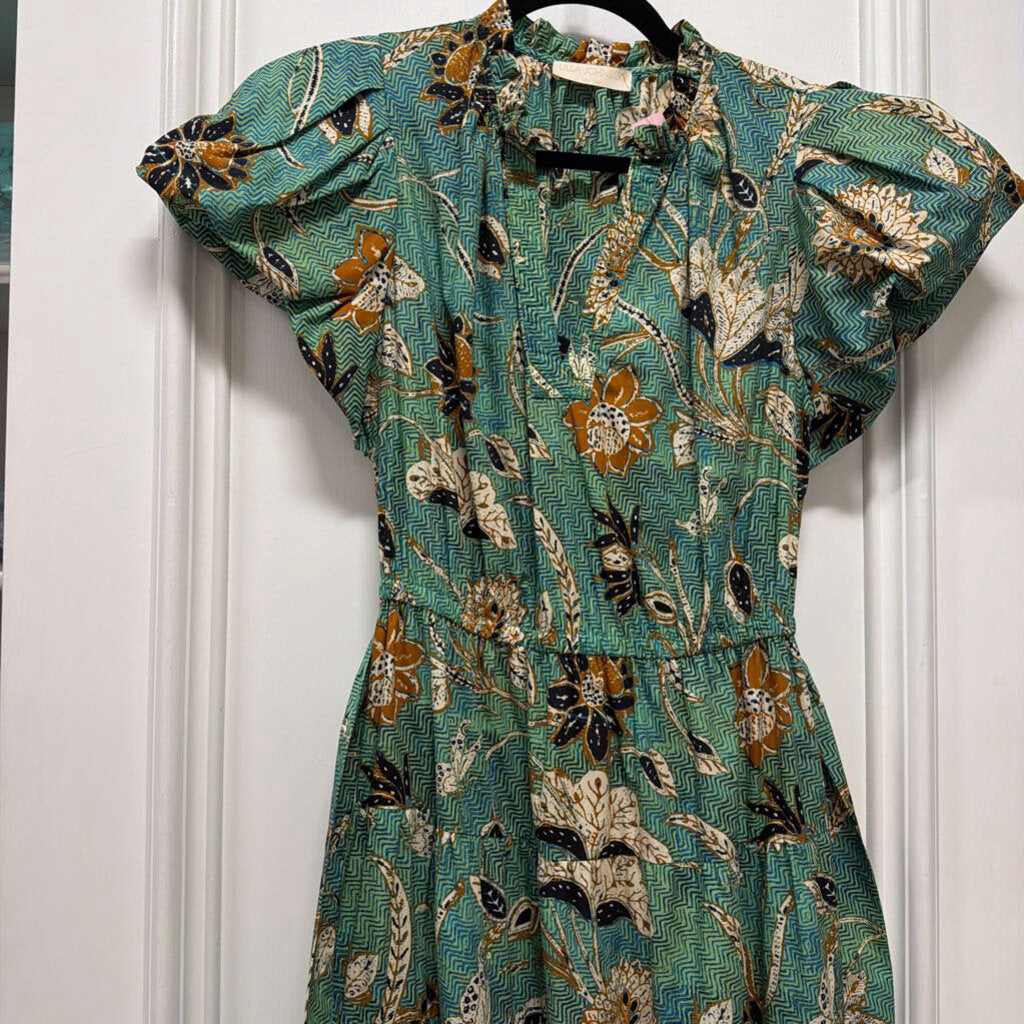 Green/Multi Floral Cotton Midi Dress