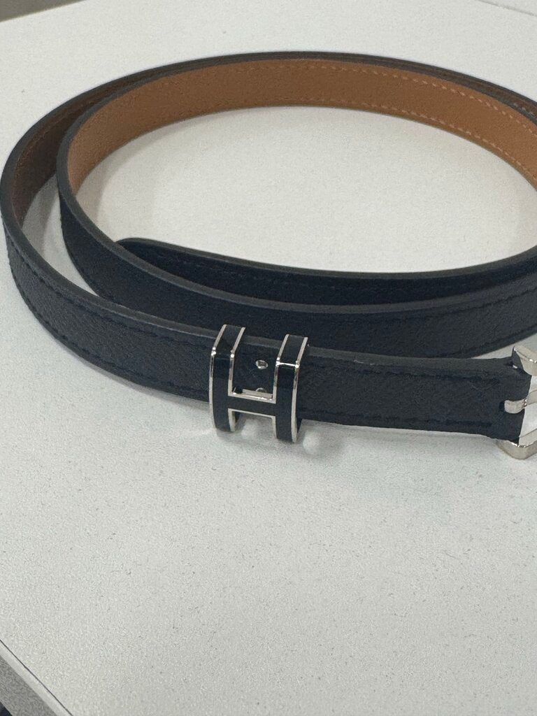 Hermes Black Leather Skinny H Belt, 80