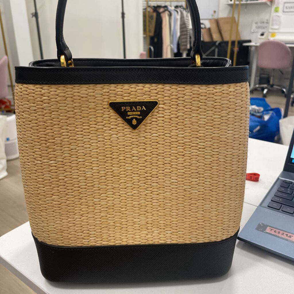 Natural Straw/Black Leather Panier Bucket Bag (est 3050)