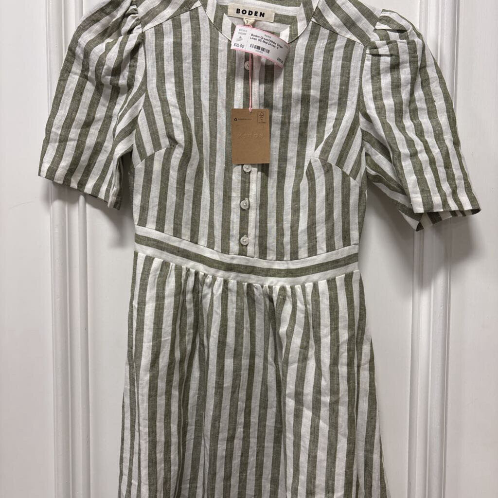 Green/White Stripe Linen SS Midi Dress