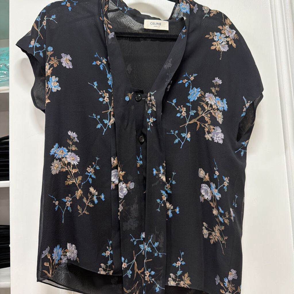Black/Multi Floral Silk SS Button Up Top