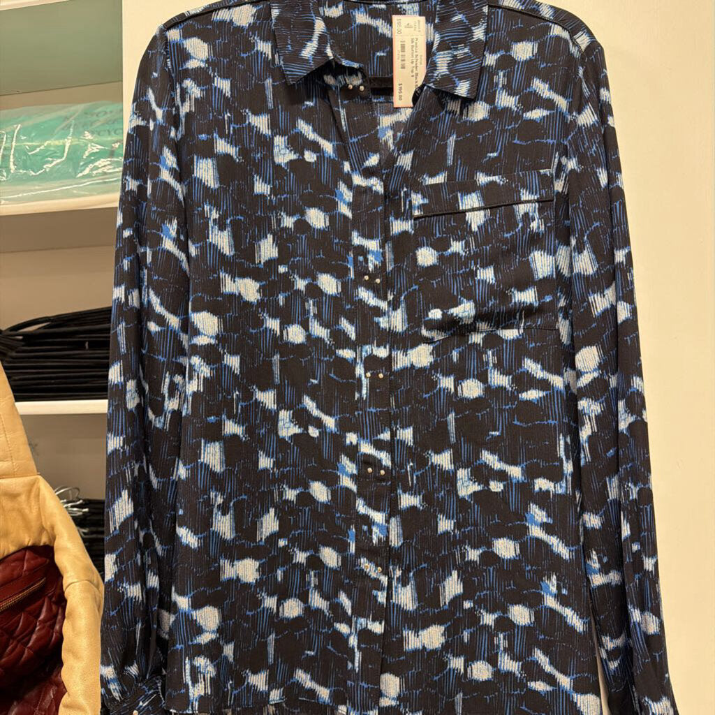 Black/Blue Silk Button Up Top
