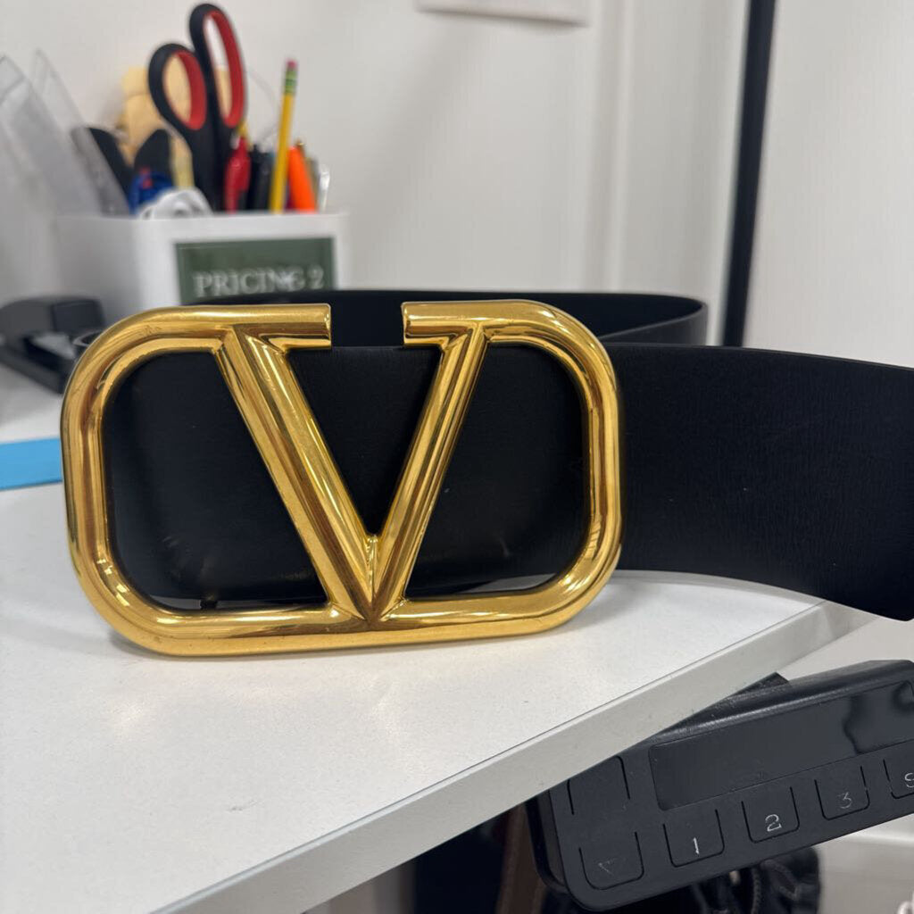 Valentino Black V Logo Leather Belt, 75