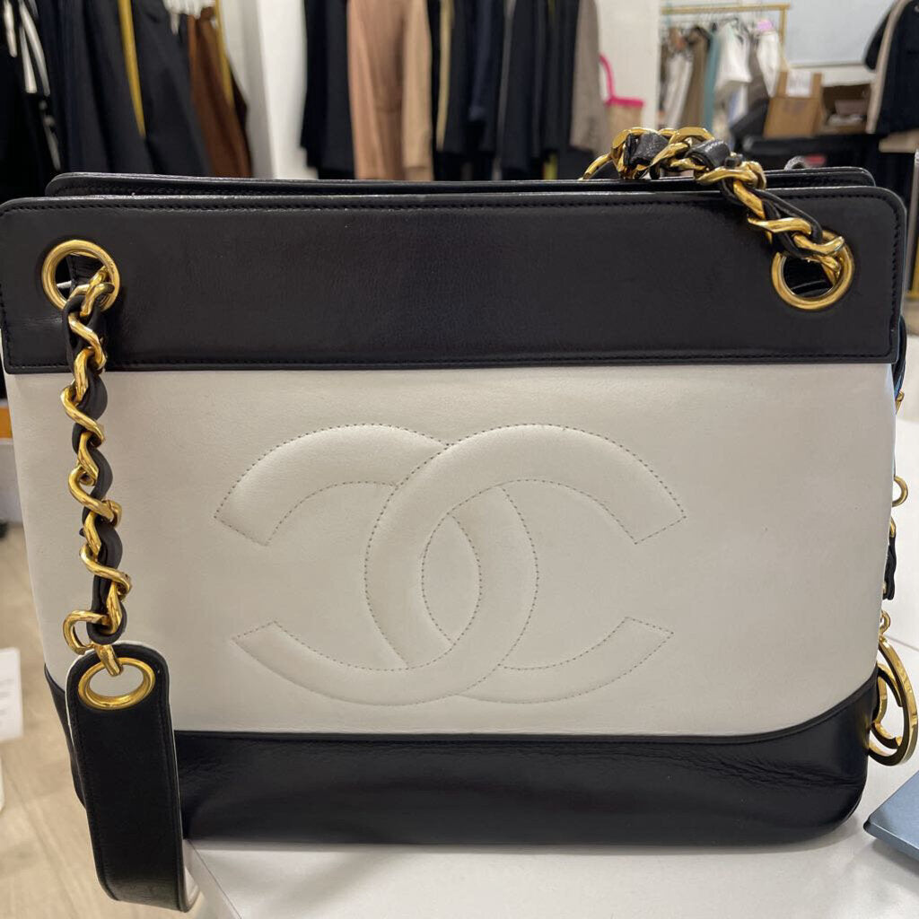 Black/White Lambskin Logo Tote Gold Chain