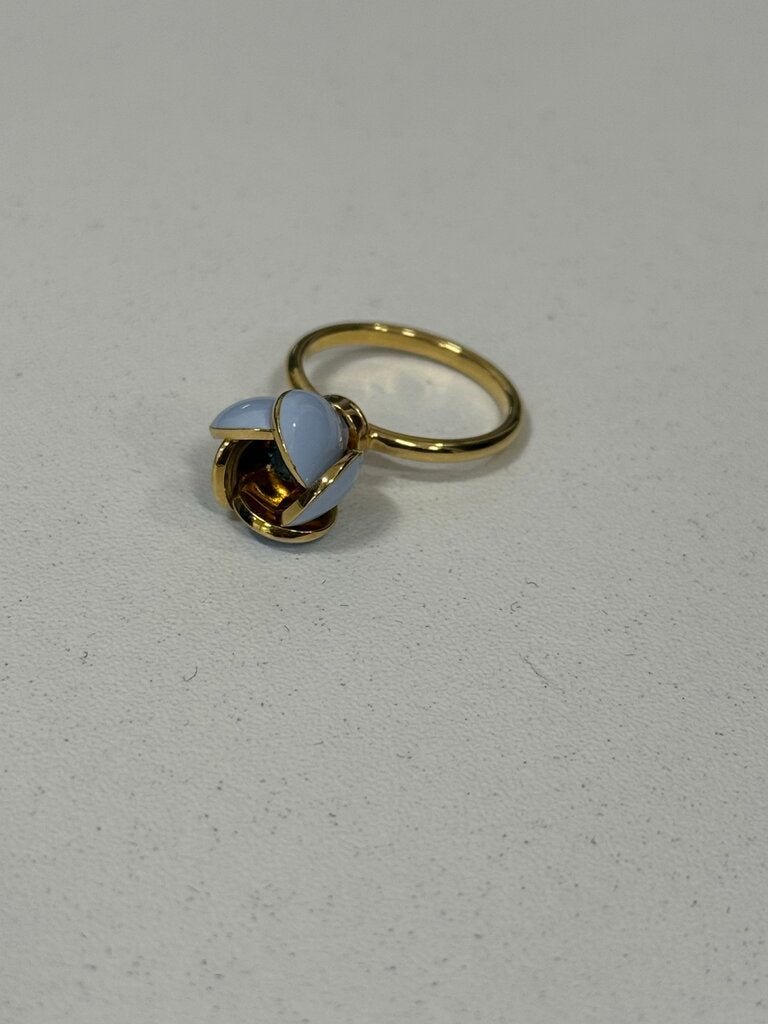 18k Yellow Gold Blue Enamel + Blue Topaz Flower Ring