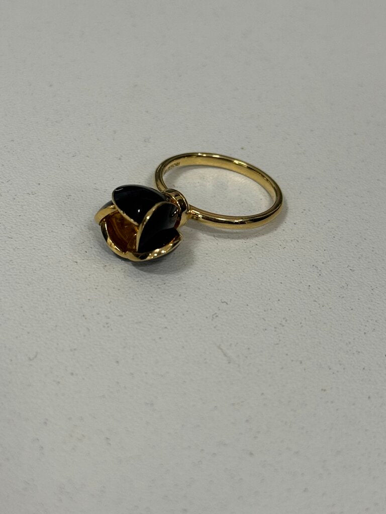 18k Yellow Gold Black Enamel + White Topaz Flower Ring