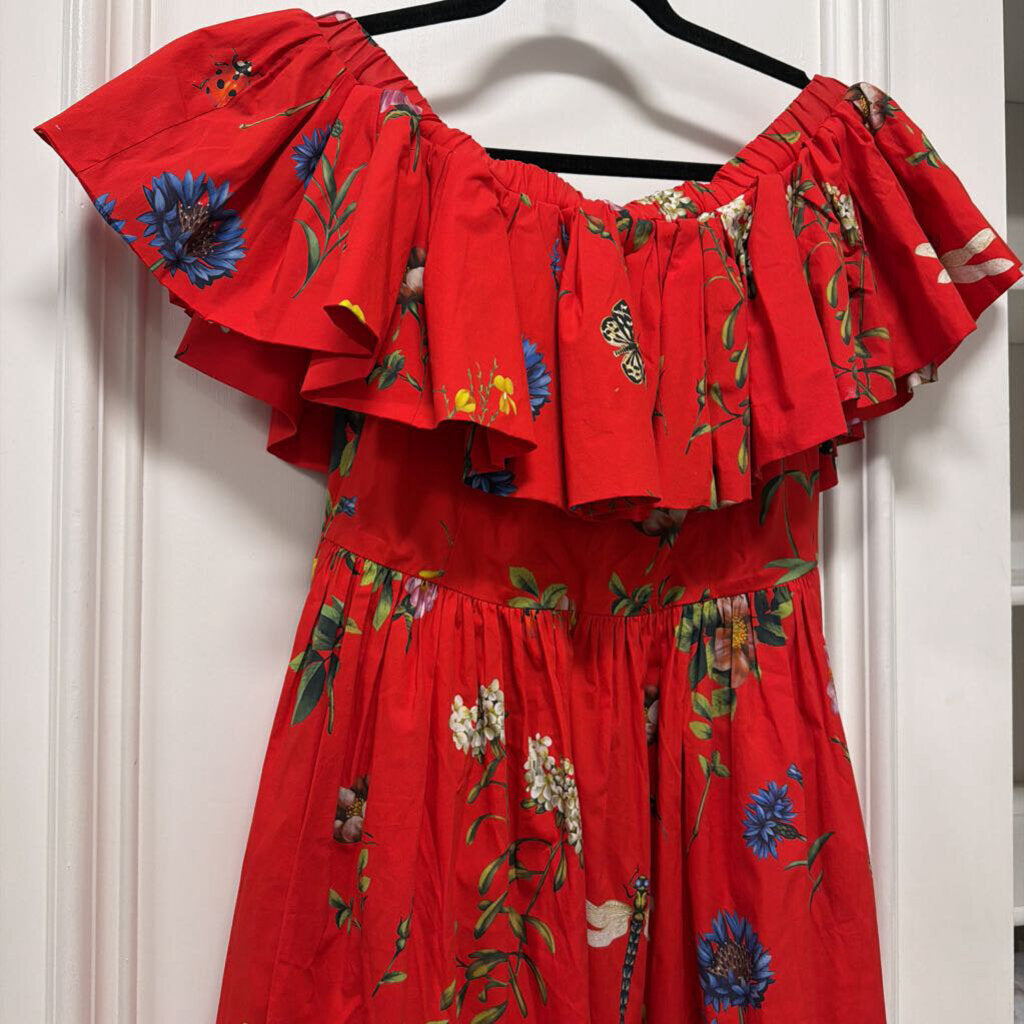 Red Floral Cotton Off Shoulder Dress