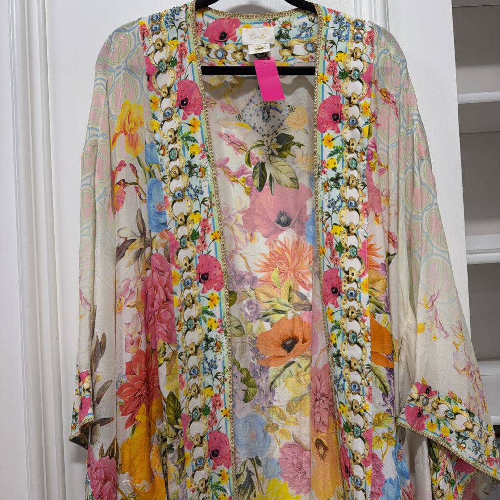 White Floral Printed Silk Belted Robe