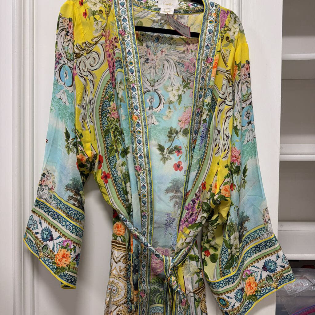 Blue/Yellow Printed Silk Belted Robe
