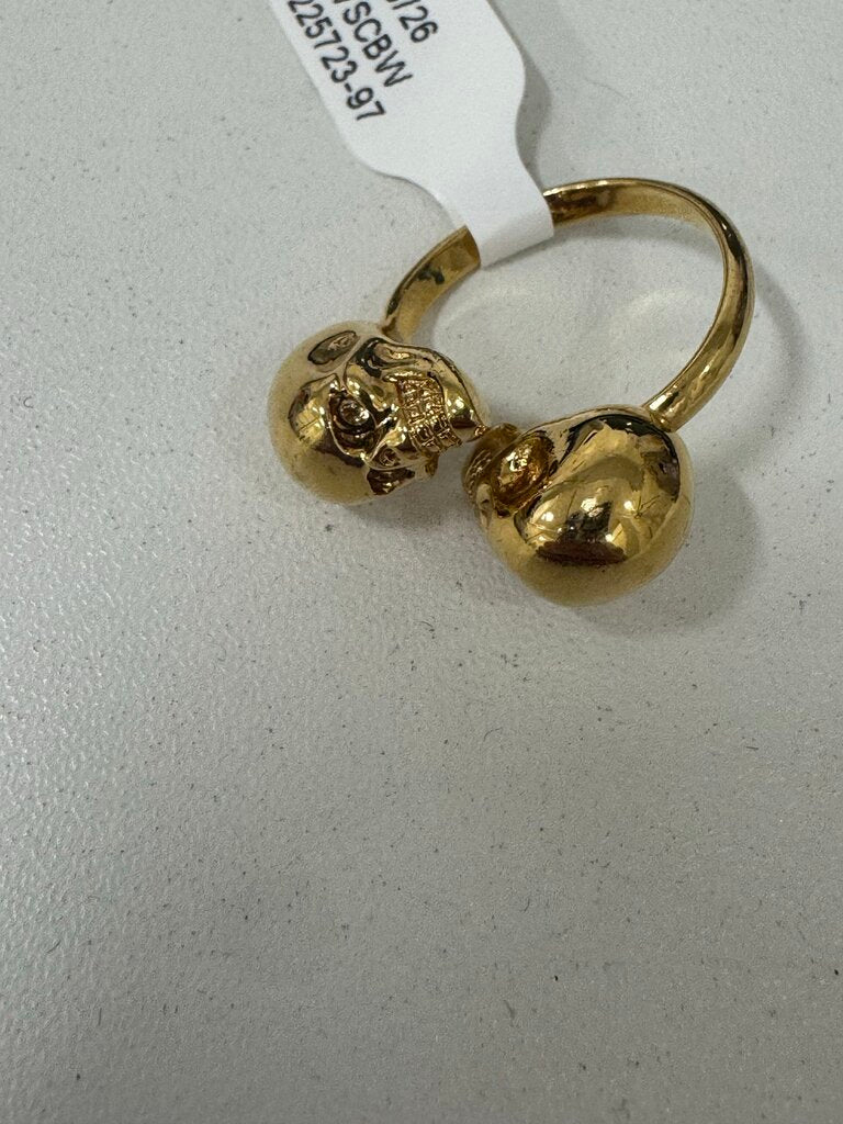 Gold Tone Crystal Twin Skull Ring