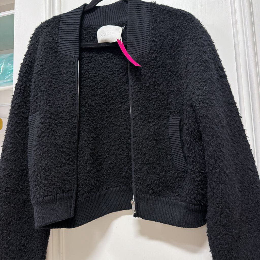 Black Cashmere Fuzzy Zip Jacket