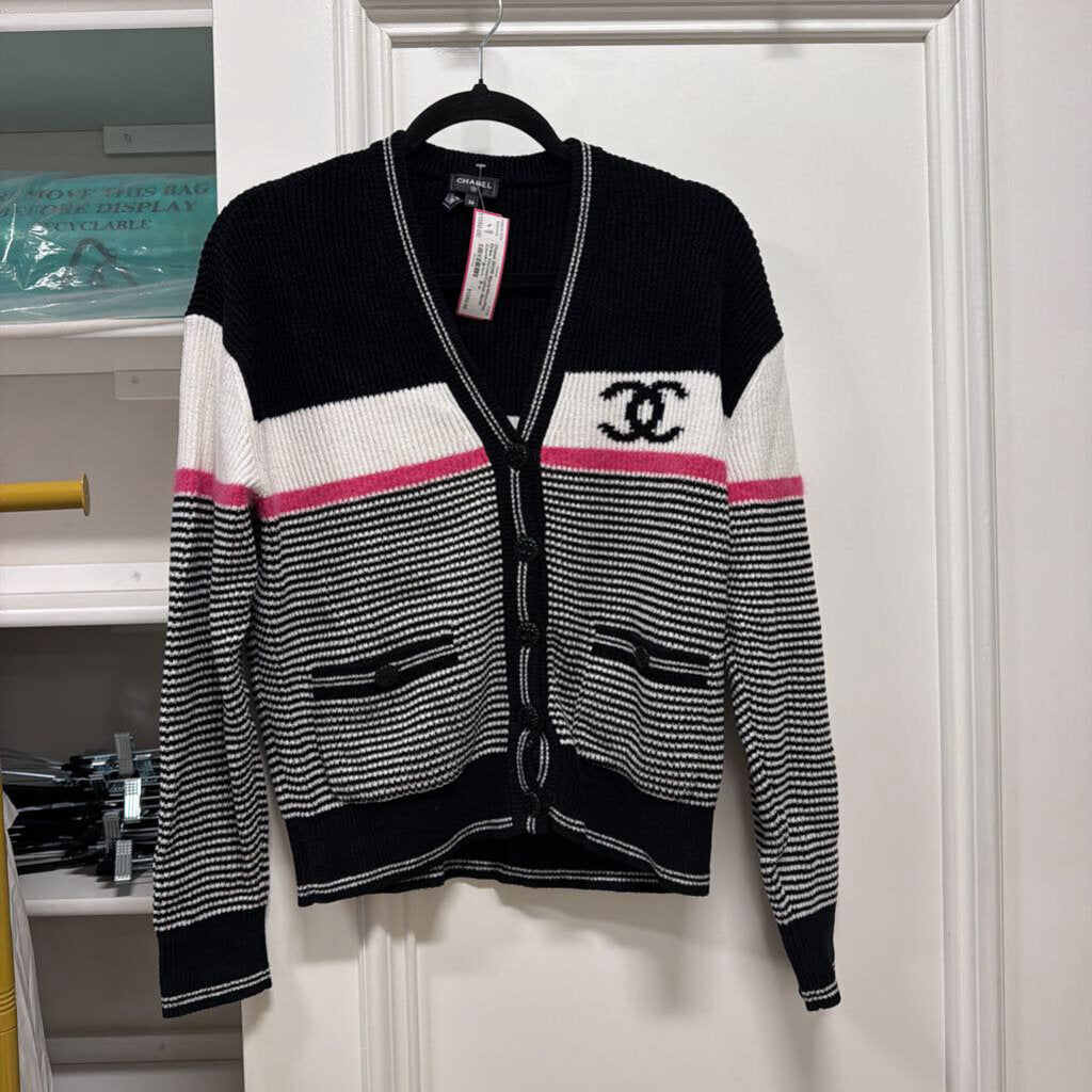 2022B Black/White/Pink Stripe Viscose/Cotton Blend Cardigan