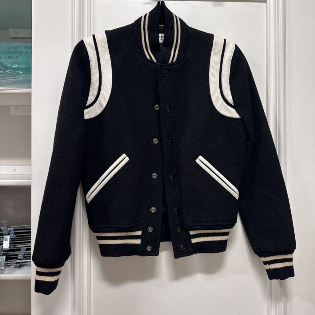 2017 Black Wool Bomber Jacket w/ Leather Trim
