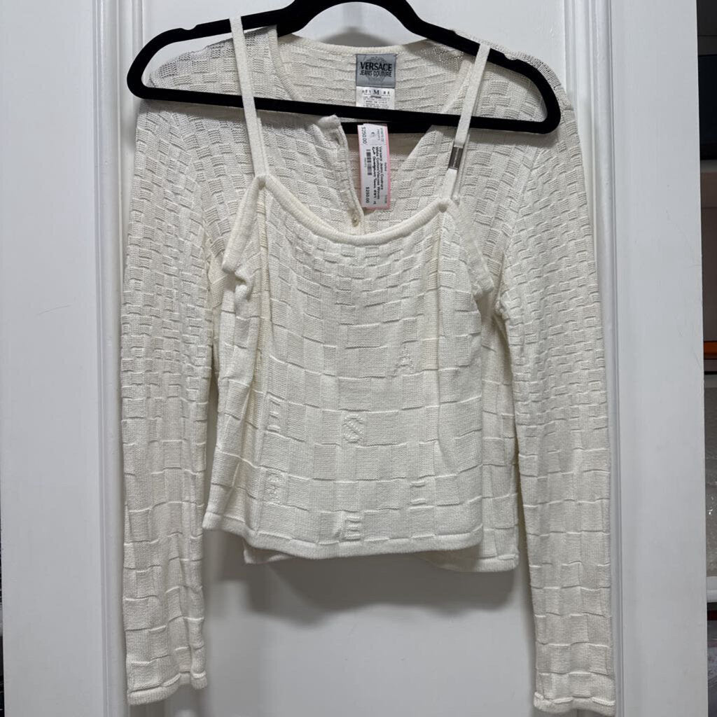 White Cotton/Viscose Woven Knit Cardigan + Tank SET
