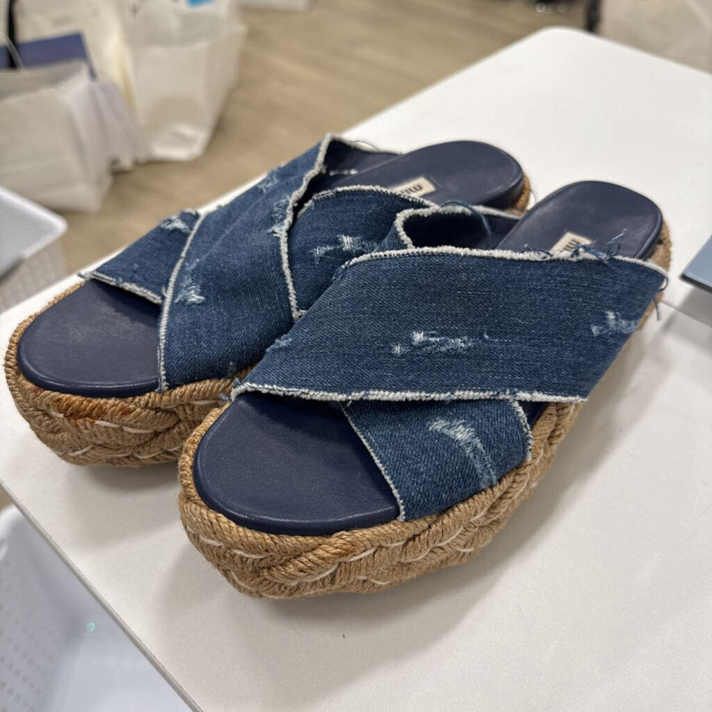 Denin Distressed Rafia Platform Slides (38.5)