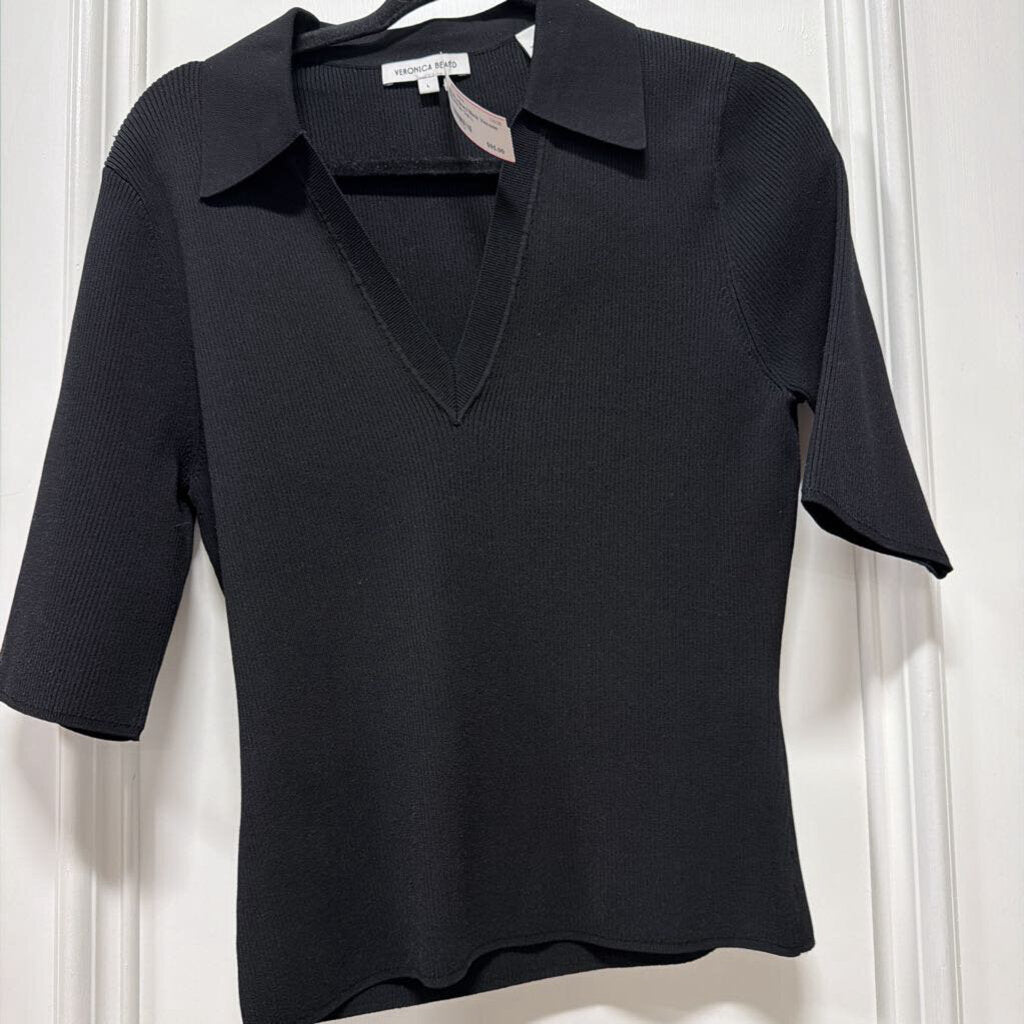 Black Viscose Ribbed Polo Top