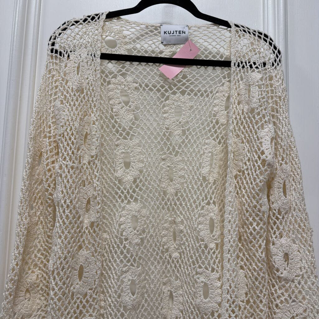 Cream Cotton/Cashmere Open Crochet Cardigan ($685)