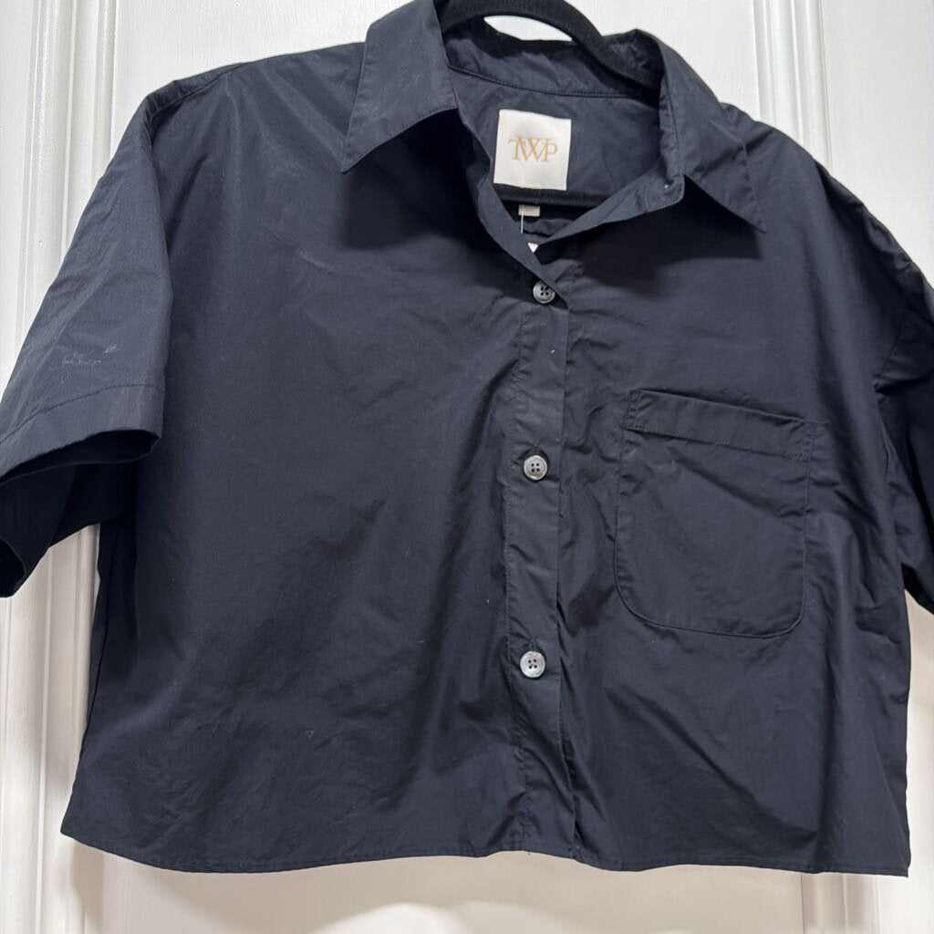 Black Cotton Crop SS Button Up Top