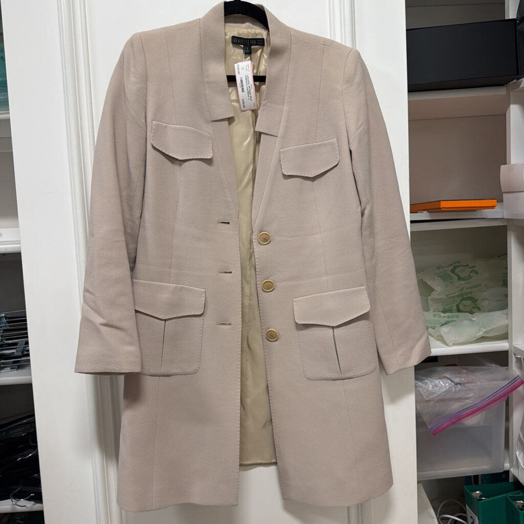 Beige Wool Collarless Long Blazer
