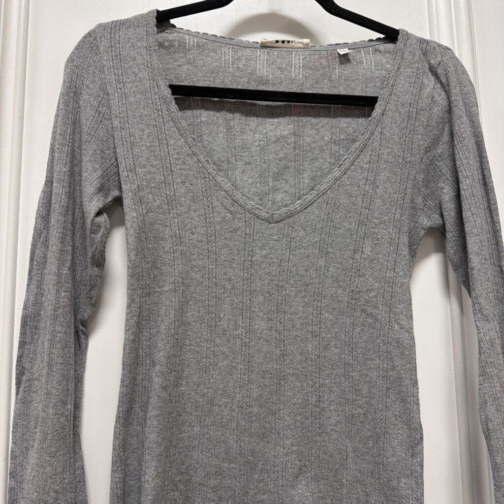 Grey Long Sleeve V Neck Cotton Top