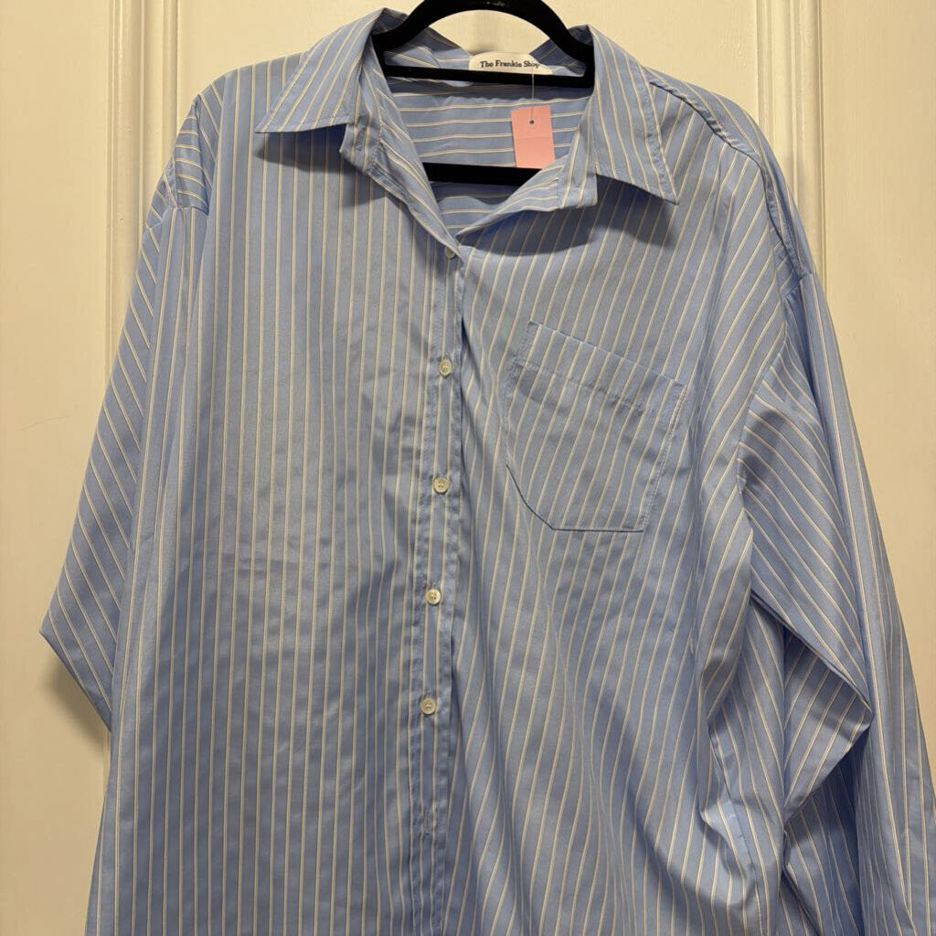 Blue/White Pinstripe Poly Button Up Top