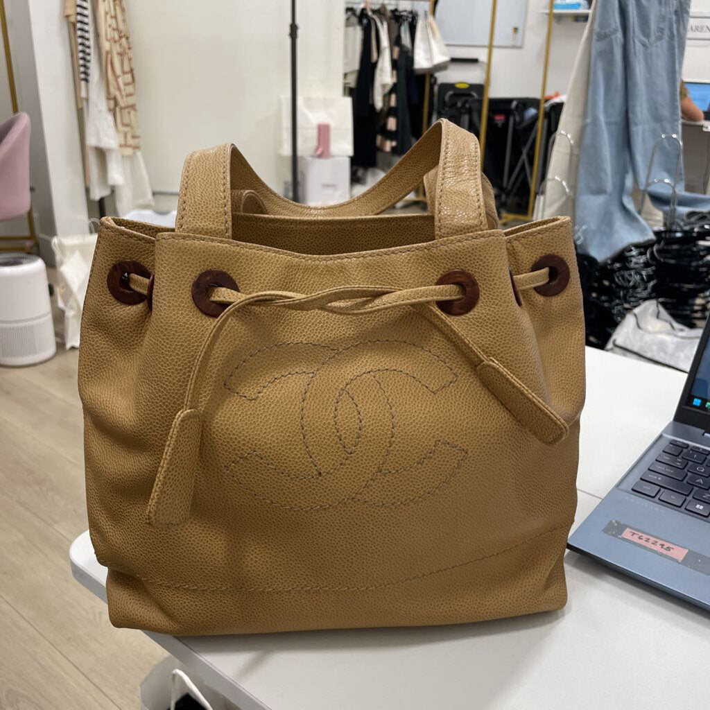Beige Vintage Caviar Wood Bucket Bag