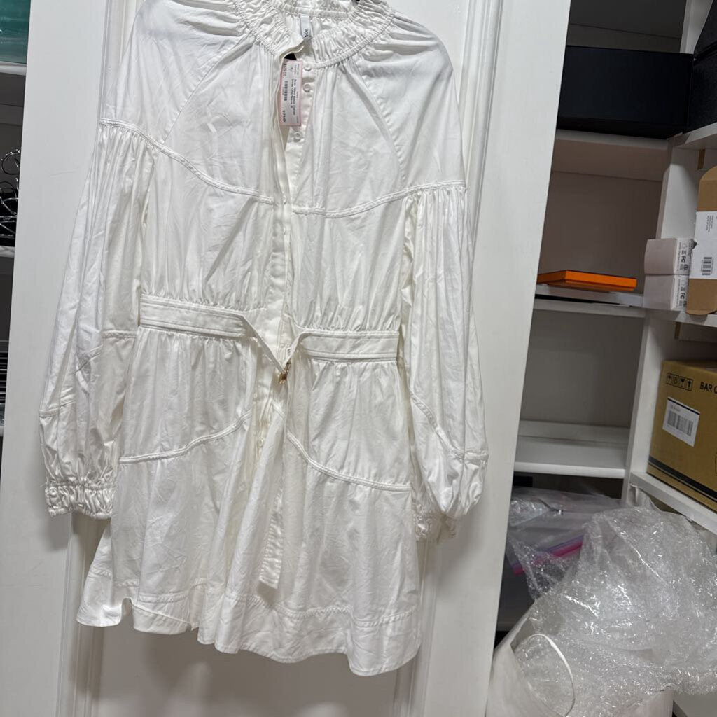 White Belted Cotton Dress Long Sleeve