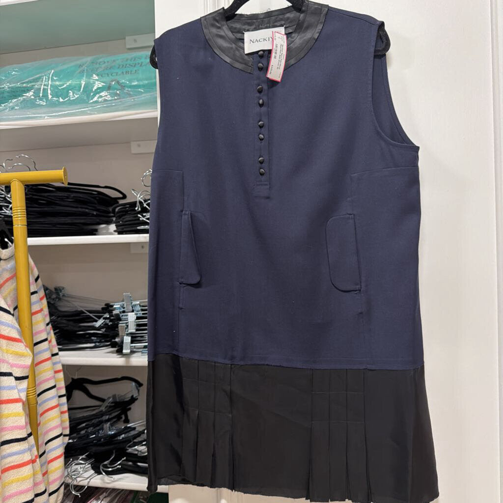 Navy Poly/Wool Pleat-Hem Shift Dress