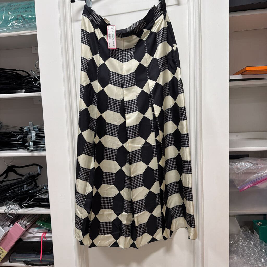 Cream/Black Printed Silk Pleat Midi Skirt