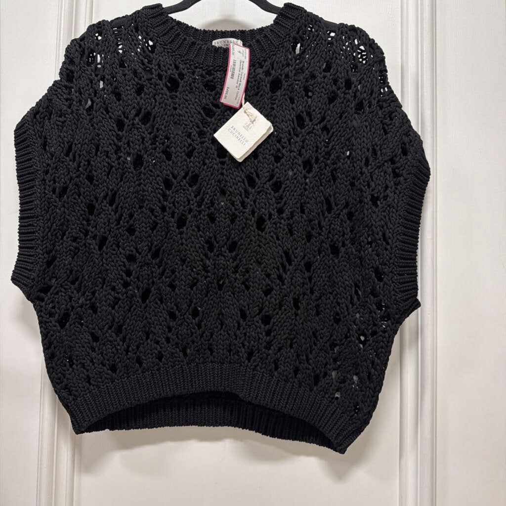 Black Cotton Open-Knit Sweater