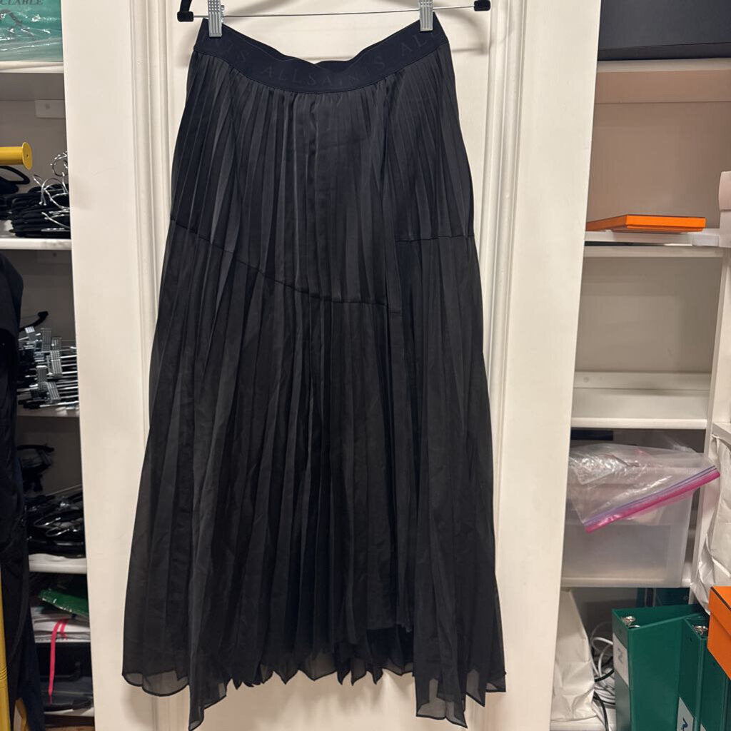 Black Poly Pleated Midi Skirt
