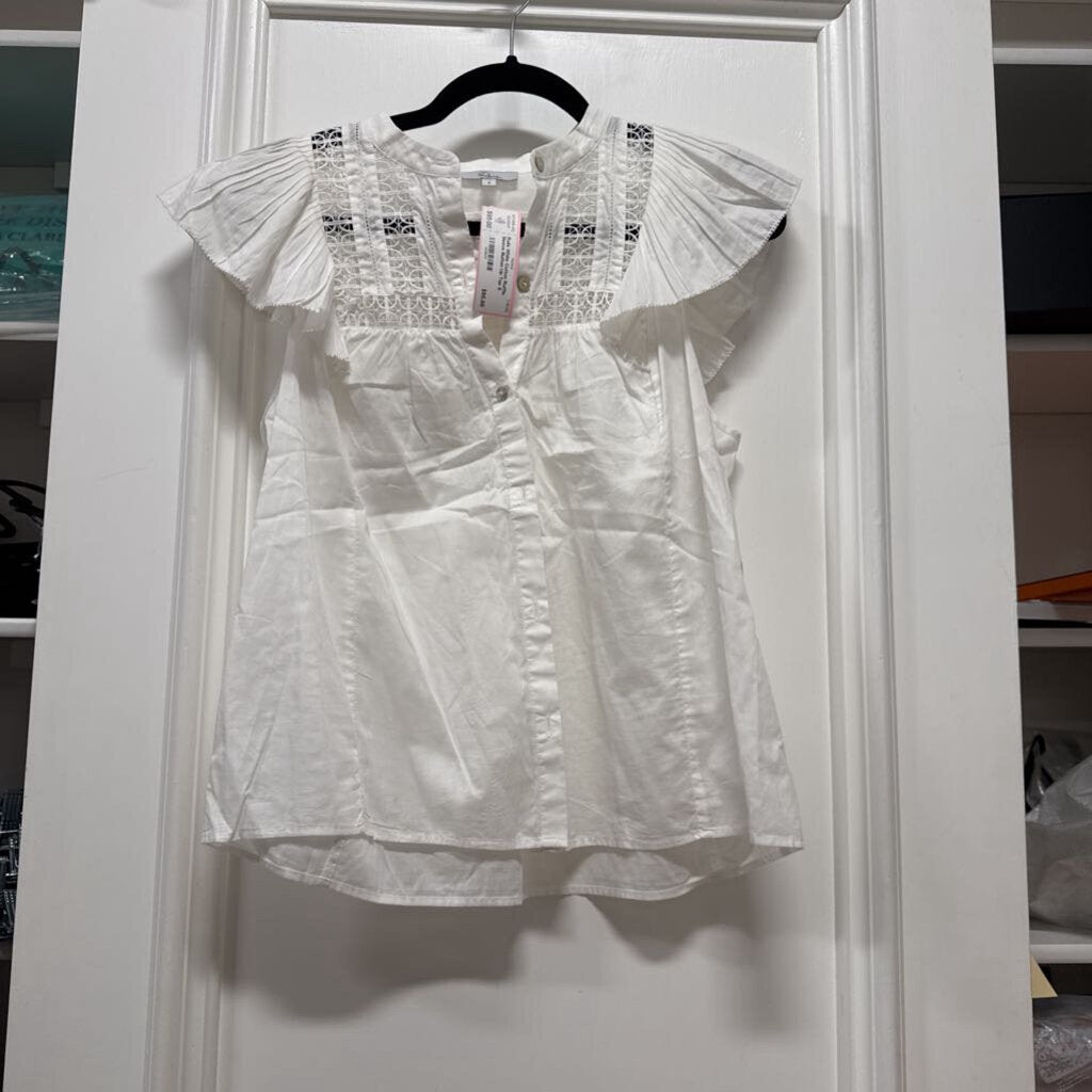 White Cotton Ruffle Sleeve Button Up Top