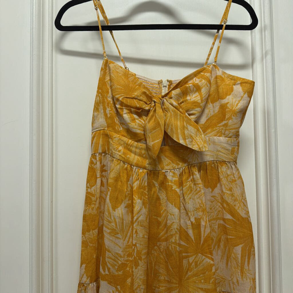 Yellow Linen Tropical Print Midi Dress
