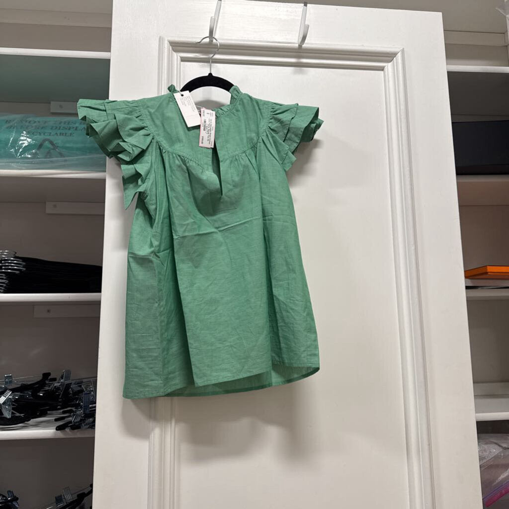 Green Cotton Linen Flutter Sleeve Top