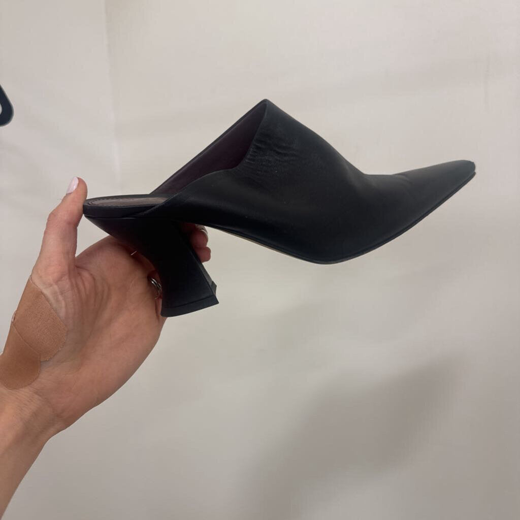 Black Leather Heeled Mules
